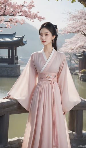 qinxuan flower,1girl\(Eyes\(Deep amber,crystal clear,long and delicate eyelashes\),Nose\(Elevated,with a slightly upturned nose tip\),Lips\(Rosy color, with a defined lip line\),Hairstyle\(Black hair,smooth and shiny,slightly wavy at the ends\),Skin\(Fair,blemish-free,as delicate as porcelain\),Clothing,hanfu,pink,a thin belt at the waist,a flowery skirt with a wide hem\),Fabric\(Lightweight silk,smooth and shiny\),Craftsmanship\(Exquisite, with clean-cut lines on the neckline, sleeves, waist, and skirt hem, and well-designed layered pleats\),Posture\(Straight back,walking confidently and gracefully,light and graceful gait\),walking on the stone path,face to viewer,look at viewer,floating hair,outdoor,(upper body))
dfsy,Background\snow,chinese landscape\(pagoda and trees,lake,traditional pavilion,chinese architecture,architecture,building,bridge\),sky,forest,lake\),
masterpiece,best quality,unreal engine 5 rendering,movie light,movie lens,movie special effects,detailed details,HDR,UHD,8K,CG wallpaper