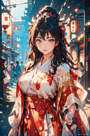 flat illustration of beautiful young Japanese woman weared in traditional Japanese_attire, messy hairstyle, background and drawning in Tim Berton style, close interweaving of realism and symbolism in cyberpunk style, pale neon lighting, dark shadows. aesthetic and beautiful picture, winner of various awards, trending on popular magazines, creative masterpiece, @imageized