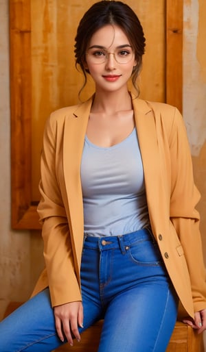 A 35-year-old beautiful Taiwanese woman,Best quality, masterpiece, ultra high res, (photorealistic:1.4), raw photo, 1girl, Very confident smile ,,, confident smile,full bod,bangs,Carrying thin-framed eyeglasses,,Wearing a long white blazer,Aqua blue t-shirt top,Blue ultra-slim denim pants,sassy buttocks,,Keep your head up and your chest high,perfect light,1 girl,Sitting,Slightly tooth baring,