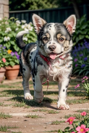 Hyperrealistic photo, very close-up of a beautiful and tender Dalmatian puppy, he is in a garden playing, jumping. A garden with short, very green grass. Many small, colorful flowers. It's daytime, the light is natural. The light creates a contrast of shadows on the animal. Beautiful scene, ultra detailed, hyperrealistic, colorful, distant.