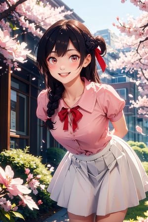 masterpiece, best quality, highres, chi1, 1girl, long hair, braid, one side up, solo, white skirt, red ribbon, pink shirt, pleated skirt, bangs, neck ribbon, puffy short sleeves, , arms behind back, leaning forward, smile, cherry blossoms, outdoors,