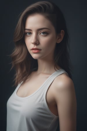 Beautiful woman wearing a tank top, analog photograph, professional fashion photoshoot, hyperrealistic, masterpiece, trending on artstation,krrrsty