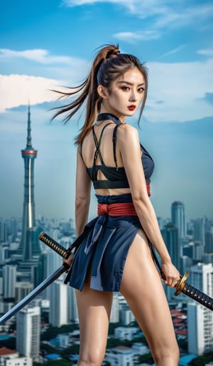 
A slender athletic girl with long legs, very high-heeled shoes, in her hand a long samurai katana sword, hair tied in a ponytail, in the style of Japanese cyberpunk, in Bangkok, photo below, in the style of Christopher Nolan, high quality photography, in an epic pose 