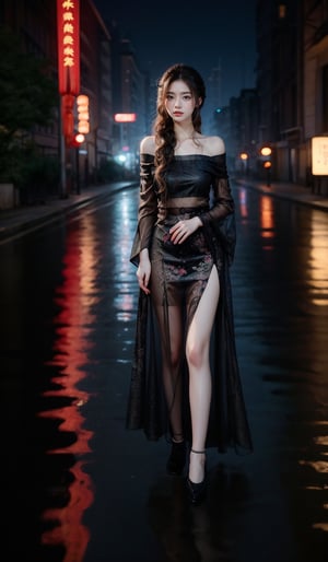 realistic,RAW photo,dslr,film grain,Fujifilm XT3,night shot,1girl,goddess women,(curly hair, long hair),(thigh,off shoulder:1.2),([:see-through:4]:1.4) (red floral print hanfu:1.1),pencil skirt,black pantyhose,(deserted street:1.3),Backlit,Bokeh,Contrast Filters,(smile:0.8),looking at viewer,(china  water town style:1.1),water,wet,