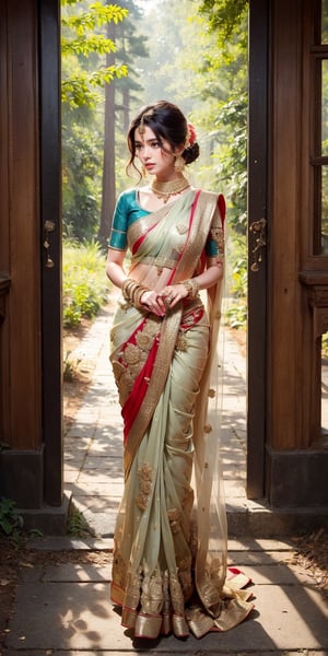 Craft an empowering portrait of an saree woman adorned with traditional jewelry. Picture her standing tall amidst a redwood forest, sunlight filtering through the towering trees and casting long shadows. Saree ,Highlight the strength and resilience of the woman and her connection to her cultural heritage.swet ,swet
 
