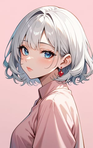 score_9,score_8_up,score_7_up, 1girl,looking at viewer,short hair,bangs,blue eyes,shirt,jewelry,closed mouth,upper body,white hair,multicolored hair,earrings,from side,lips,looking to the side,makeup,shadow,pink background,two-tone background,curly hair,pink shirt