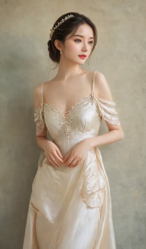 A stunningly beautiful girl, dressed in refined European clothing, is depicted in the height of summer's glow. Embrace the warmth and sophistication with a realistic and detailed composition, immersing the viewer in the exquisite textures of silk, satin, and lace, as they capture the timeless elegance of this enchanting moment.