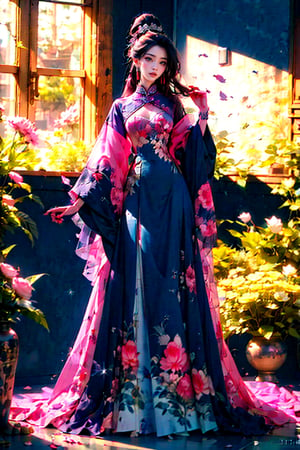 1girl, solo, long hair, black hair, hair ornament, long sleeves, dress, jewelry, standing, full body, flower, earrings, indoors, hand up, hair flower, wide sleeves, petals, window, sparkle, chinese clothes, pink dress, falling petals,ancient_beautiful,mecha