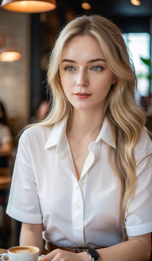 Photo of beautiful woman, in a white shirt, with long blonde hair, sitting in a cafe, with sharp focus on her face, in bright lighting, photorealistic, taken with a Canon EOS R7 camera, Portrait photography --ar 7:13 --s 750 --c 1 --v 6.0 --style raw 