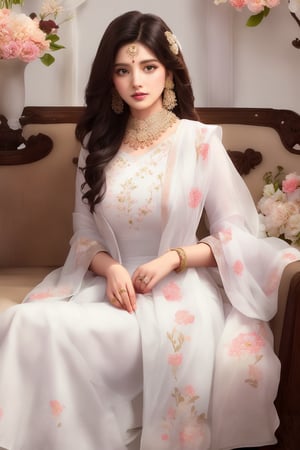 1girl, solo, wearing indian traditional dress, pink white dress, ((floral design kurti, plajo, white dupatta in hand)), long hair, brown hair, black hair, sitting, couch, realistic