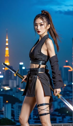 
A slender athletic girl with long legs, very high-heeled shoes, in her hand a long samurai katana sword, hair tied in a ponytail, in the style of Japanese cyberpunk, in Bangkok, photo below, in the style of Christopher Nolan, high quality photography, in an epic pose 