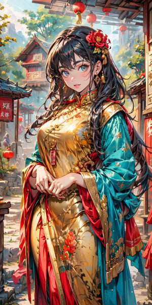 Festive atmosphere of Chinese New Year, surrounded by treasure, chests, and various gold coins, on top of the gold coins a shining golden dragon, a girl in dragon armor protected by the golden dragon, gazing at the distant sunrise, grand and magnificent scene, by FuturEvoLab, (masterpiece: 2), best quality, ultra highres, original, extremely detailed, perfect lighting, rich colors, luxurious and celebratory environment