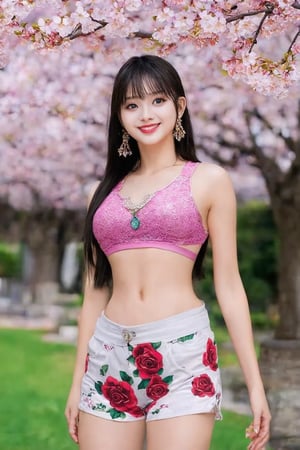 masterpiece, (photogenuineistic: 1.4), highest quality, beautiful lighting, outdoor, single girl, alone, jewelry, earrings, long hair, (black eye, Big seductive eyes:1.2)、big breasts, Scapula, Lips that shine with glitter,smile,genuine, bangs, golden ratio face、colored stone necklace, (outdoor、palace、pillar、lots of cherry blossom trees、SakuraFubuki:1.4)、(big breasts、emphasize the chest:1.8),(CG Unity 8k high definition wallpaper), Complex, high detail, sharp focus, dramatic, beautiful girl, Raw photo, 8k uh, film grain、 (Wearing colorful lace body-fitting sports bra、Shorts with roses printed、low rise、High leg:1.8)、(beautiful feet:1.2)