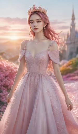 lighting art,fairy tale style,1girl,crown,tiara,colored hair,hair ornament,front,(pink short dress:1.2),microskirt,brown hair,flower,solo,jewelry,long hair,standing,pink flower,looking at viewer,trendy portraits,
dindar light,cloud,scenery,cloudy sky,
ray tracing,(best quality),extremely detailed 8K wallpaper,intricate detail,blur background,depth of field,the facial details are perfect,and the character details are exquisite,bright colors,clean background,Panoramic view,large aperture,pop Mart production,delicate gloss,8K gradient translucent glass melt,frosted glass,masterpiece,best quality,high resolution . 35mm photograph