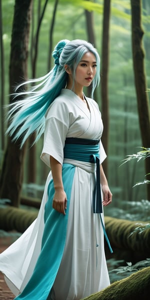 a Japanese ninja girl, and a white dress, with long cyan hair in a banbu forest, high quality, high resolution, high precision, realism, color correction, proper lighting settings, harmonious composition.