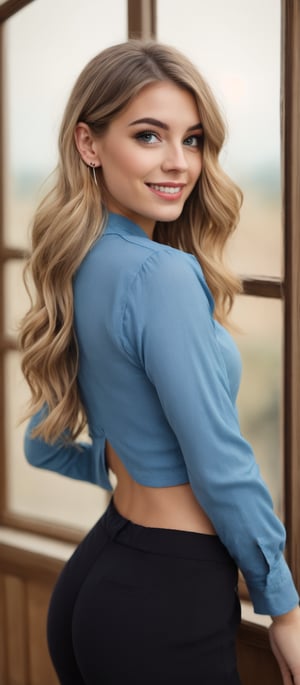 Generate hyper realistic image of a woman with long blonde hair, blue eyes, and a blush on her cheeks, looking at the viewer. She is wearing a long-sleeved frilled shirt, earrings, and black pants, standing indoors by a window. The cowboy shot shows her round ass and wavy hair as she smiles, looking back. Her red lips with makeup and the crop top she wears add to her charm, as she leans slightly forward from the side.