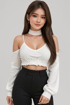 1girl, solo, long hair, casual_attire, simple background, hair, black hair, head to toe, full body, white background, jewelry, ponytail, earrings, midriff, necklace