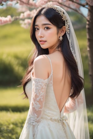 A serene outdoor setting, with cherry blossoms and meadows in full bloom. A radiant bride, dressed in a stunning gradient-hued wedding dress, stands amidst the natural beauty, her delicate facial features illuminated by soft, warm light. Her long, blonde hair flows gently in the breeze, as petals from the blooming trees float around her. The camera captures multiple angles, showcasing the intricate details of her outfit, including the transparent cloth draped across her shoulders and the bridal veil flowing behind her. Her eyes, a mesmerizing blend of blue and green, sparkle with joy. In the distance, angelic wings unfold from her back, as if she's about to take flight, surrounded by the breathtaking scenery.