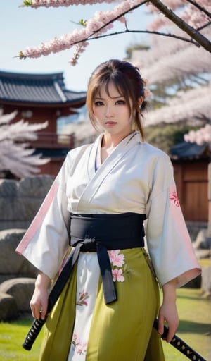 A stunning cosplayer dressed as a Japanese warrior, standing proudly with a traditional katana in hand. Framed against a serene background of cherry blossoms or ancient temple ruins, her determined expression and poised stance evoke the spirit of samurai legend. Softly lit from above, her eyes gleam like polished jade, while the gentle rustle of her armor and flowing kimono adds texture to the scene.,score_9,score_5_up,score_4_up,imageized,score_8_up,Pony,BREAK,Olivia,score_6_up,score_7_up,,Realistic