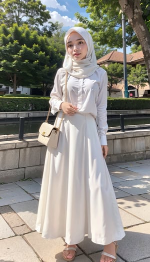 girl, solo, white Hijab, , long shirt, , holding, shoes, litter, bag, shadow, white footwear, long white skirt , fish, aquriums, big_hips,Amira