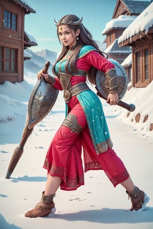 a woman viking  wearing divine  Viking  clothes, she walks in the snow , she holds her hammer in her right hand and her shield in the other hand 
