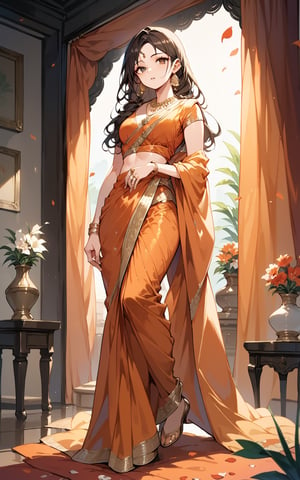 score_9,score_8_up,score_7_up, 1girl, solo, long hair, looking at viewer, brown hair, black hair, dress,Sari, brown eyes, jewelry, standing, full body, flower, earrings, parted lips, midriff, indoors, necklace, petals, ring, curtains, random colors sari , vase