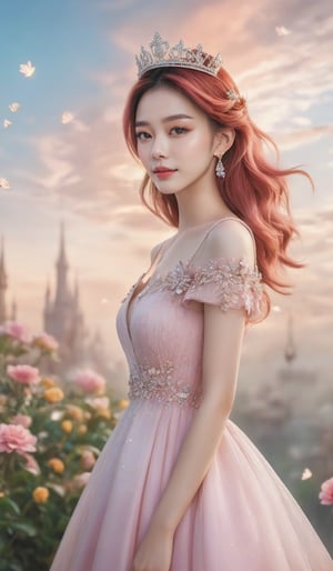 lighting art,fairy tale style,1girl,crown,tiara,colored hair,hair ornament,front,(pink short dress:1.2),microskirt,brown hair,flower,solo,jewelry,long hair,standing,pink flower,looking at viewer,trendy portraits,
dindar light,cloud,scenery,cloudy sky,
ray tracing,(best quality),extremely detailed 8K wallpaper,intricate detail,blur background,depth of field,the facial details are perfect,and the character details are exquisite,bright colors,clean background,Panoramic view,large aperture,pop Mart production,delicate gloss,8K gradient translucent glass melt,frosted glass,masterpiece,best quality,high resolution . 35mm photograph