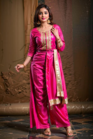 1 Woman, mature, pink salwar with nice pattern, gold bangles, gold earrings, gold nose ring, turquoise eyes, pear body, plump waist, pose emphasizing hips, dark background