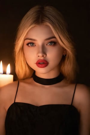 (((score_9, score_8_up, score_7_up, best quality, 4K, 8K, high-resolution, masterpiece, ultra-detailed, realistic, photorealistic, soft light, full-body_portrait))),(((Close-up shot of a super cute blonde woman illuminated by soft, warm candlelight in a dimly lit room. Her bright locks stand out against the dark background, and her porcelain skin glows with a subtle sheen. She's dressed in all-black attire, complete with a flowing black dress and choker necklace, exuding mysterious allure. Her piercing blue eyes lock onto the camera, sparkling with mischief as she pouts slightly, showcasing her plump lips))),(((high resolution, extremely sharp, ultra-real, extremely detailed, an ultra-realistic photograph captured with a Sony α7 III camera, equipped with an 85mm lens, depicting, The image, taken in high resolution.))) 