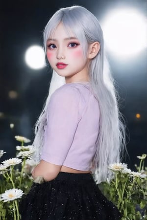 (((score_9, score_8_up, score_7_up, best quality, 4K, 8K, high-resolution, masterpiece, ultra-detailed, realistic, photorealistic, soft light, full-body_portrait))),(((realistic, 1girl, white hair, purple eyes, glowing eyes, crop top, skirt, parted lips, blush, night, flowers, sun, sunlight))),(((high resolution, extremely sharp, ultra-real, extremely detailed, an ultra-realistic photograph captured with a Sony α7 III camera, equipped with an 85mm lens, depicting, The image, taken in high resolution.))) 