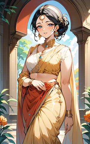 score_9,score_8_up,score_7_up, A striking portrait of an alluring, chubby Indian woman adorned in an intricately designed sari, walking amidst a lush, verdant landscape. The long, cascading ponytail frames her beautiful, black hair, and her ears glisten with exquisite, art nouveau-inspired earrings. The overall composition offers a marriage of realism and detailed craftsmanship, emphasizing the fashionable elegance of the subject while capturing the essence of traditional Indian beauty.