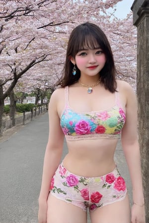 masterpiece, (photogenuineistic: 1.4), highest quality, beautiful lighting, outdoor, single girl, alone, jewelry, earrings, long hair, (black eye, Big seductive eyes:1.2)、big breasts, Scapula, Lips that shine with glitter,smile,genuine, bangs, golden ratio face、colored stone necklace, (outdoor、palace、pillar、lots of cherry blossom trees、SakuraFubuki:1.4)、(big breasts、emphasize the chest:1.8),(CG Unity 8k high definition wallpaper), Complex, high detail, sharp focus, dramatic, beautiful girl, Raw photo, 8k uh, film grain、 (Wearing colorful lace body-fitting sports bra、Shorts with roses printed、low rise、High leg:1.8)、(beautiful feet:1.2)