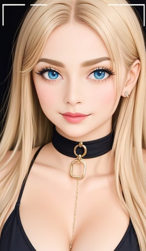 Close-up shot of a super cute blonde woman illuminated by soft, warm candlelight in a dimly lit room. Her bright locks stand out against the dark background, and her porcelain skin glows with a subtle sheen. She's dressed in all-black attire, complete with a flowing black dress and choker necklace, exuding mysterious allure. Her piercing blue eyes lock onto the camera, sparkling with mischief as she pouts slightly, showcasing her plump lipslips, realistic