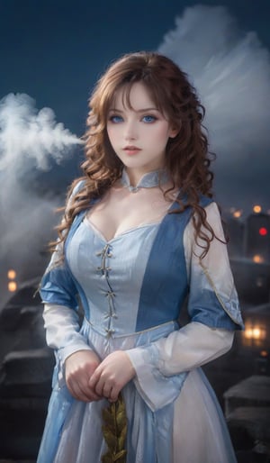 Veronika-inspired cosplayer posed against a dark, misty backdrop, donning a striking costume that mirrors the anime character's iconic attire. The model's long, curly brown hair cascades down her back as she gazes wistfully into the distance, her pale blue eyes gleaming with an air of mystery. Soft, ethereal lighting casts a warm glow on her porcelain skin, while the subtle misting effect adds depth and atmosphere to the scene.