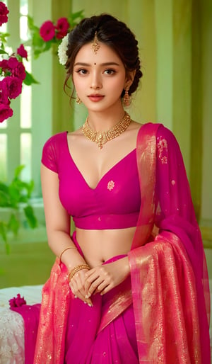 A glamorous and vivid portrait of a radiant Indian woman, draped in a vibrant red saree, tenderly resting on an ornate bed swathed in a cascade of red flowers and arranged into a heart shape. The heart is highlighted by a stunningly soft, ambient light source cast on the wall, casting the word 'LOVE' in delicate, shimmering letters. The intricate details of the woman's delicate features and the beautiful embroidery on her saree create a stunning fashion & design statement in this realistic and highly detailed image.