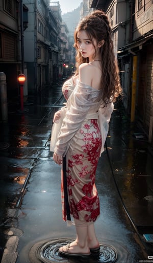 realistic,RAW photo,dslr,film grain,Fujifilm XT3,night shot,1girl,goddess women,(curly hair, long hair),(thigh,off shoulder:1.2),([:see-through:4]:1.4) (red floral print hanfu:1.1),pencil skirt,black pantyhose,(deserted street:1.3),Backlit,Bokeh,Contrast Filters,(smile:0.8),looking at viewer,(china  water town style:1.1),water,wet,MECHA
