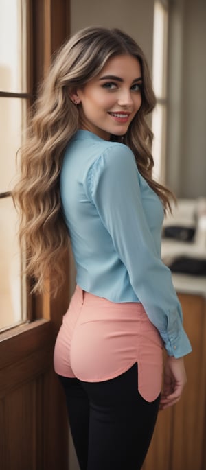 Generate hyper realistic image of a woman with long blonde hair, blue eyes, and a blush on her cheeks, looking at the viewer. She is wearing a long-sleeved frilled shirt, earrings, and black pants, standing indoors by a window. The cowboy shot shows her round ass and wavy hair as she smiles, looking back. Her red lips with makeup and the crop top she wears add to her charm, as she leans slightly forward from the side.