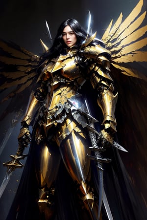 (masterpiece, best quality:1.2), Character design, ((1mecha girl, solo)), warrior of xian, slim body, medium chest, skinny waist, ((long black hair)). blue eyes. (((golden fantasy armor a female knight in a golden full armor))), (((big pauldrons, intricate details))), (((large armor wings))), (((advanced weapon fantasy plasma sword in right hand))), (standing), plain gray background, masterpiece, HD high quality, 8K ultra high definition, ultra definition,1 girl, Masterpiece