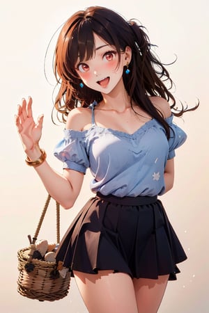 1girl, solo, long hair, looking at viewer, blush, smile, open mouth, bangs, skirt, simple background, brown hair, shirt, red eyes, white background, holding, bare shoulders, brown eyes, jewelry, very long hair, standing, collarbone, short sleeves, :d, earrings, hand up, miniskirt, bracelet, blue skirt, head tilt, one side up, blue shirt, arm behind back, waving, basket, shoulder cutout