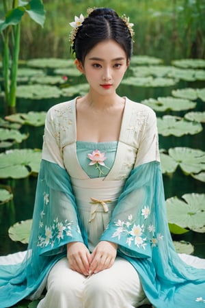 1girl, solo, black hair, long sleeves, dress, sitting, full body, flower, artist name, wide sleeves, hair bun, white dress, leaf, single hair bun, own hands together, red lips, lily pad, lotus, hanfu