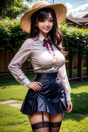 1girl, solo, long hair, breasts, looking at viewer, blush, smile, open mouth, bangs, skirt, large breasts, brown hair, shirt, hair ornament, red eyes, thighhighs, long sleeves, hat, bow, ribbon, holding, very long hair, standing, white shirt, flower, :d, sidelocks, thighs, cowboy shot, pleated skirt, outdoors, frills, sky, day, collared shirt, black thighhighs, cloud, bag, tree, blue sky, zettai ryouiki, hand on hip, dress shirt, neck ribbon, buttons, red skirt, garter straps, suspenders, frilled skirt, sun hat, high-waist skirt, straw hat, hat flower, suspender skirt, button gap,pastelbg