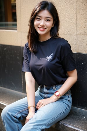 1girl, solo, long hair, looking at viewer, smile, shirt, black hair, jewelry, sitting, short sleeves, pants, dark skin, bracelet, facial hair, denim, jeans, realistic, @imageized