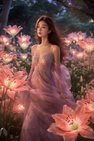 1girl, full body, high detailed, ultra realistic,  Bathed in ethereal moonlight, a figure stands amidst a field of spider lilies, their crimson whispers echoing the sorrow in their eyes. Butterflies, fragile yet determined, flutter around them, drawn to the moonlit beauty and silent lament. (Focus on melancholic ambiance, contrasting colors, and the butterfly's symbolic hope), Movie Still,Amethyst 