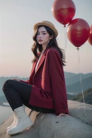 hight quality, realistic, hd, 8 k, beautiful face, araffe woman in red coat and hat sitting on rock with hot air balloons in the background, red fabric coat, red coat, red leather short coat, cool red jacket, full body black and red longcoat, dilraba dilmurat, red jacket, casual clothing style, red clothes, straw hat and overcoat, colorful with red hues
