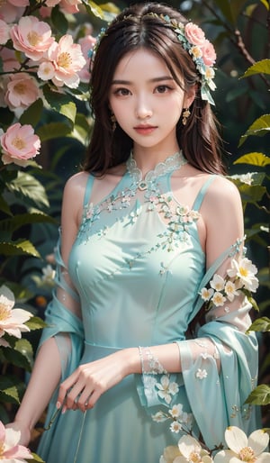 Generate hyper realistic image of a woman in a couture garden party dress in pastel hues, the intricate floral patterns matching the vibrant blooms around her. Place her in an enchanting botanical garden, exuding sophistication.((upper body)),1 girl,kimyojung
