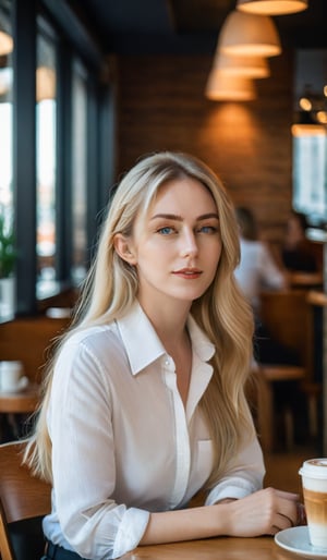 Photo of beautiful woman, in a white shirt, with long blonde hair, sitting in a cafe, with sharp focus on her face, in bright lighting, photorealistic, taken with a Canon EOS R7 camera, Portrait photography --ar 7:13 --s 750 --c 1 --v 6.0 --style raw 