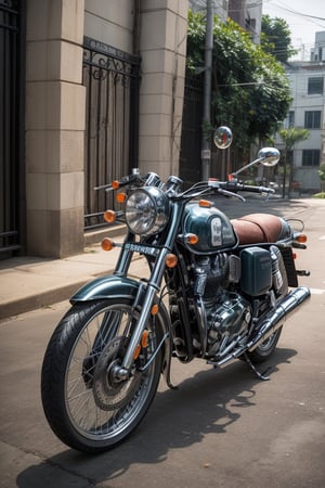 no humans, traditional media, side view, ground vehicle, motor vehicle, motion blur, motorcycle, Royal Enfield, @imageized