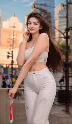 A stunning young woman stands confidently amidst the bright lights of Times Square, her slender figure clad in a fitted white tube top and distressed blue jeans. Her long hair blows gently in the city breeze as she gazes up at the towering digital billboards, a radiant smile illuminating her face.