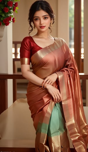 A glamorous and vivid portrait of a radiant Indian woman, draped in a vibrant red saree, tenderly resting on an ornate bed swathed in a cascade of red flowers and arranged into a heart shape. The heart is highlighted by a stunningly soft, ambient light source cast on the wall, casting the word 'LOVE' in delicate, shimmering letters. The intricate details of the woman's delicate features and the beautiful embroidery on her saree create a stunning fashion & design statement in this realistic and highly detailed image.