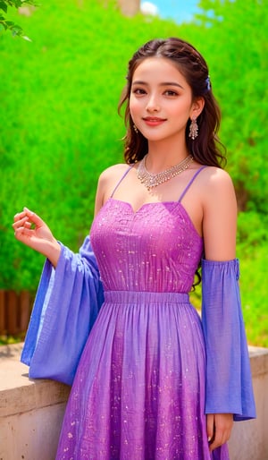 A young woman with bright smile, wearing a lightweight, floral-patterned sundress with flowing sleeves and a relaxed fit, stands against a serene background of lush greenery and blue sky, sunlight casting warm highlights on her hair and shoulders as she gazes directly at the camera with carefree expression.